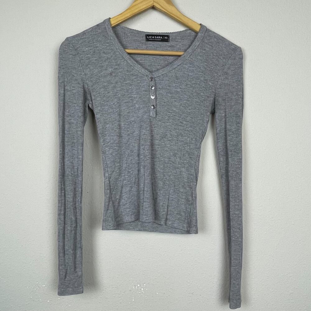 Liz & Sara Ribbed V-Neck Long‎ Sleeve Top Gray XS Y2K Stretchy Basic
